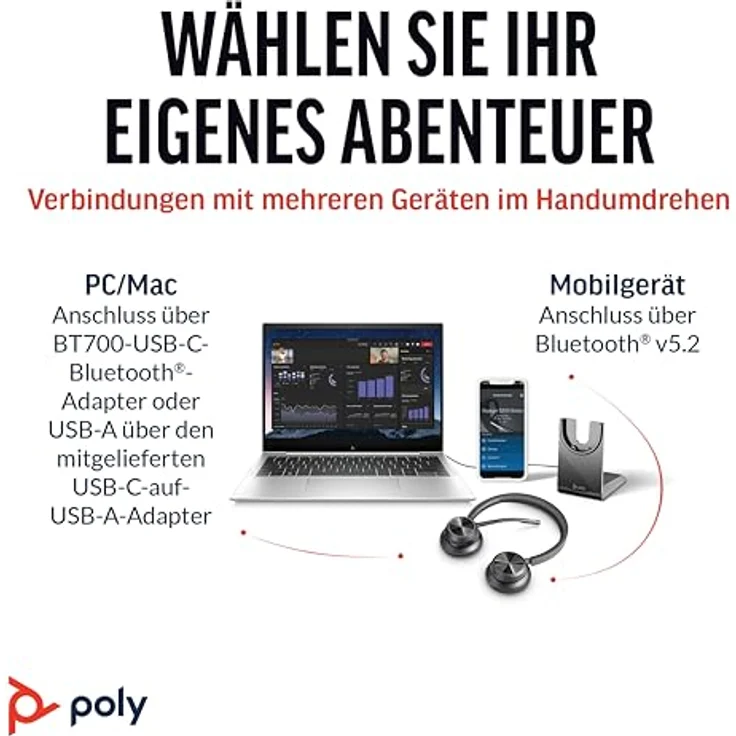 POLY Voyager 4320 UC, Schnurloses Stereo-Headset mit Noise Cancelling-Mikrofon, Bluetooth-Verbindung, bis zu 24 Stunden Akkulaufzeit, inklusive Ladestation und Tragetasche – Bild 5