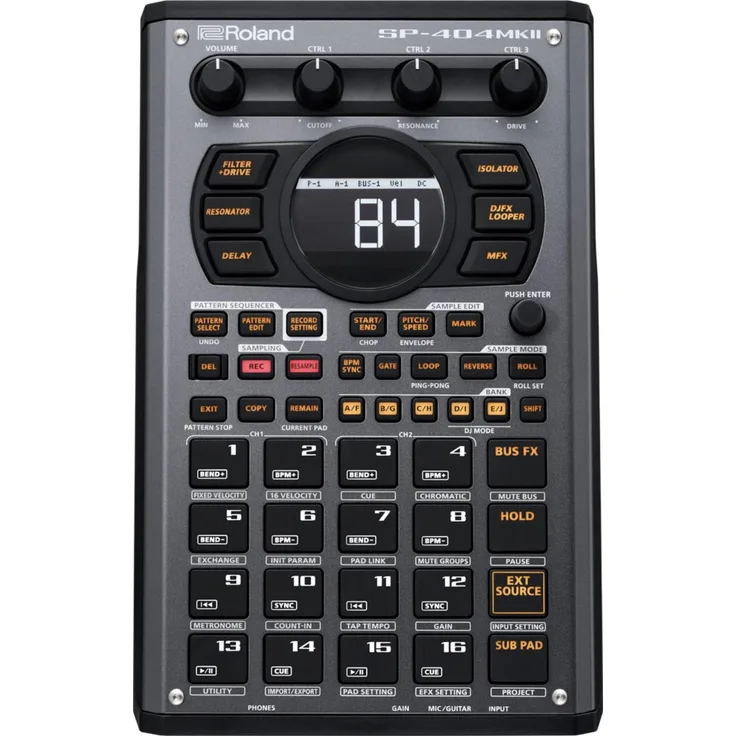 Roland SP-404MKII (Sampler), MIDI Controller, Schwarz mit OLED-Display und anschlagsdynamischen Pads