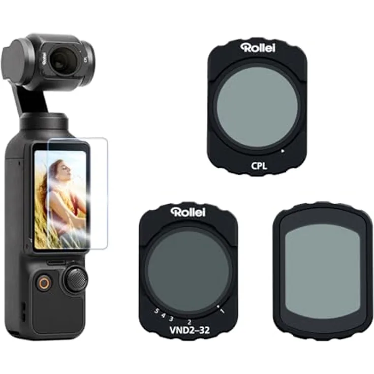 Rollei Magnetisches Filter Set für DJI Osmo Pocket 3, 3 in 1 Filters ND 2-32 + CPL + Black Mist 1/4, optisches Glas mit Nano-Beschichtung, inklusive Displayschutzfolie und Reinigungstuch