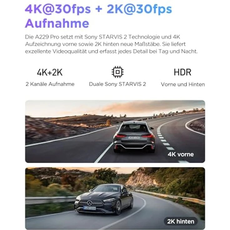 VIOFO A229 Pro 4K + 2K Dual STARVIS 2, HDR Vorne hinten Dashcam Auto, Sprachsteurung & 5GHz Wi-Fi Wlan Autokamera, Ultrapräzises GPS mit CPL Filter, Super Nachtsicht 2.0, Sprachausgabe, bis 512 GB Max – Bild 2