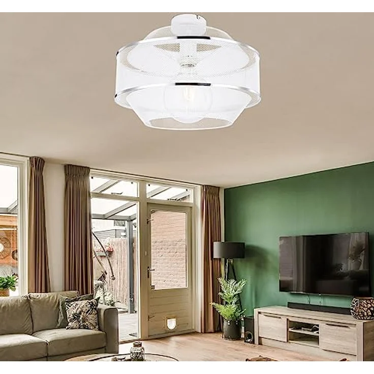Globo Deckenleuchte Drahtgeflecht Esszimmer Designlampe Deckenlampe, 1 flammig mit zwei Chromringen in Gitteroptik, Metall Käfig weiß, E27 Fassung, 27,5x12x21,5 cm – Bild 5