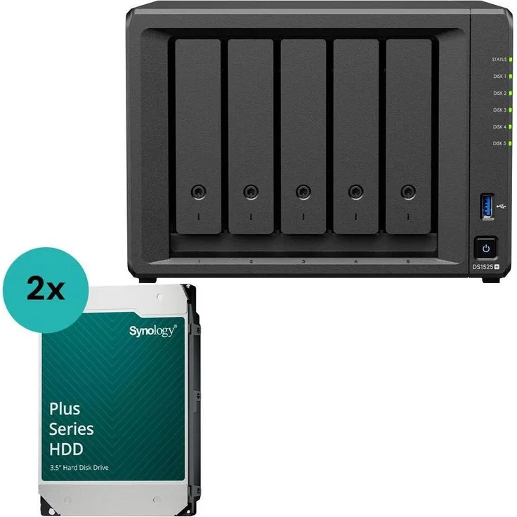 Synology DiskStation DS1525+, NAS-Server Leergehäuse mit 5 Einschüben, Hot Swapping, bis zu 32 TB, Schwarz