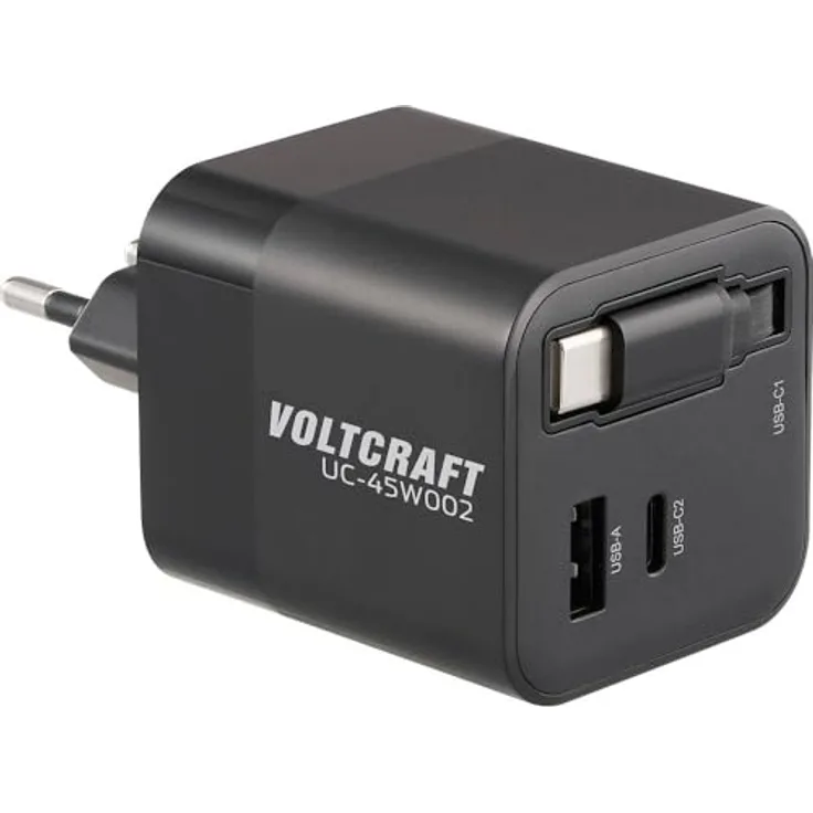 Voltcraft UC-45W002 USB Ladegerät, 45 W mit 1x USB-A und 2x USB-C®, schwarz, GaN, USB Power Delivery (USB-PD), Innenbereich