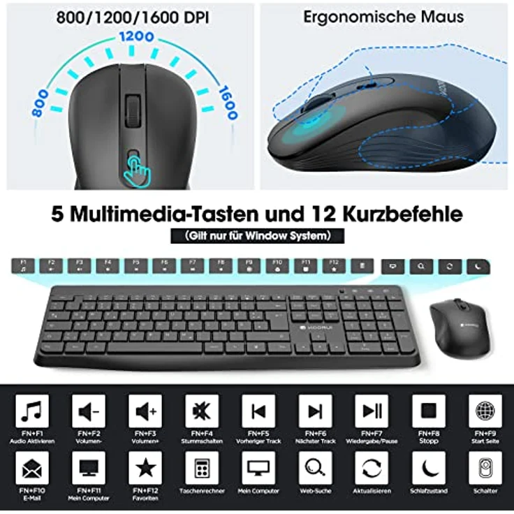 KOORUI Tastatur und Maus Kabellos, Leise Maus Tastatur Set Deutsches Layout QWERTZ mit 12 Funktionstasten 2.4 GHz Tastatur Maus Set für Windows,MacOS,Linux-Schwarz (Batterie Nicht Enthalten) – Bild 2