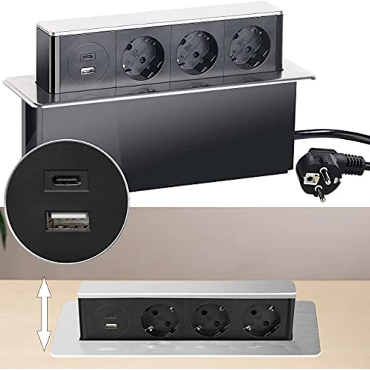 revolt Versenkbare Steckdose: Versenkbare 3-fach Einbau-Tischsteckdose, USB-C, PD & QC 3.0, silber (Versenkbare Steckdose mit USB, USB Hub Tisch, iPhone Ladestation) – Bild 2