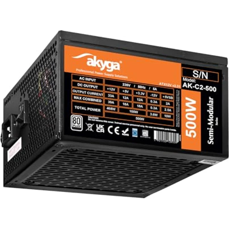 Akyga ATX Netzteil 500W AK-C2-500, Semi-Modular mit 2x PCI-E 6+2 pin, 4x SATA, 2x Molex, 12cm Lüfter, 80 Plus Effizienz – Bild 1