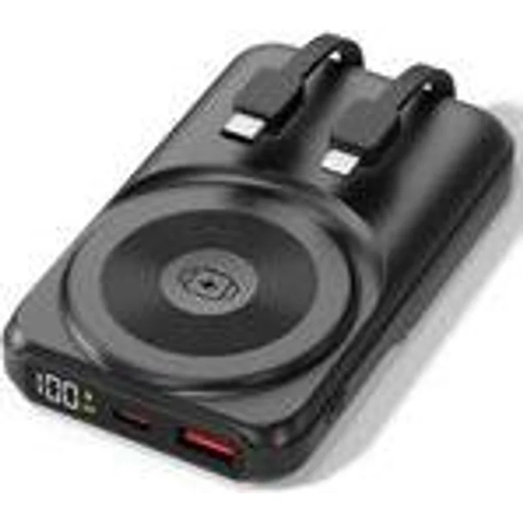 VIESTA® Powerbank 10.000 mAh Schwarz – All-in-One mit 22,5W Schnellladen, PD20W, 15W Wireless Charging, integrierten Kabeln, digitaler Anzeige und Aluminium-Standfuß