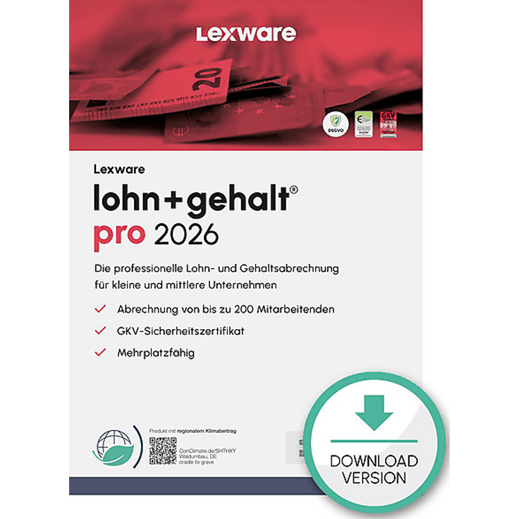 LEXWARE LOHN+GEHALT PRO 2026, leistungsstarke Lohnabrechnungssoftware für bis zu 200 Mitarbeiter, netzwerkfähig, inkl. 365 Tage Support