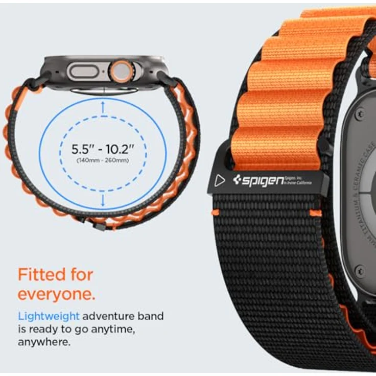 Spigen Basis-Stoffarmband mit Hakenverschluss, kompatibel mit Apple Watch Ultra 2/1 49mm, Serie 11/10 46mm, 9/8/7 45mm, SE2/SE/6/5/4 44mm - Schwarz Orange, hochwertiges und bequemes Design für ganztägigen Tragekomfort – Bild 4