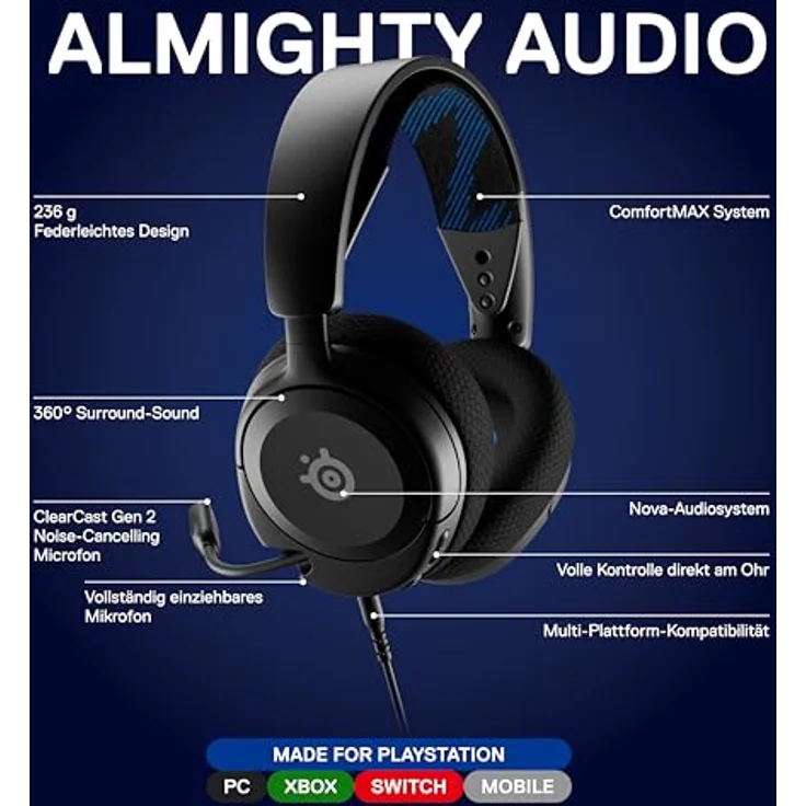 SteelSeries Arctis Nova 1P - Multi-System Gaming-Headset - Hi-Fi-Treiber - 360° Surround-Sound - Memory Foam-Ohrpolster – Bild 2