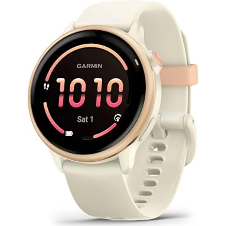 Garmin Vivoactive 6, 42 mm GPS-Fitness-Smartwatch mit AMOLED-Display, Herzfrequenz-Tracking und in Bone/Pink Dawn Metallic – Bild 1