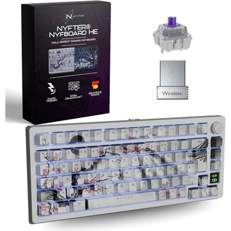 Nyfter Nyfboard HE Wireless 75% Gaming Keyboard, Gateron KS-37C Switches, DE ISO QWERTZ, Hot-Swap, RGB, Gasket Mount, Media Knob, 2.4GHz/Bluetooth, PBT Keycaps, Weiß – Bild 1