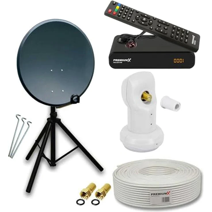 PremiumX Satelliten-Komplettanlage 80cm, Anthrazit, mit Single LNB, Dreibein-Stativ, FullHD Sat-Receiver und HDMI-Kabel – Bild 1