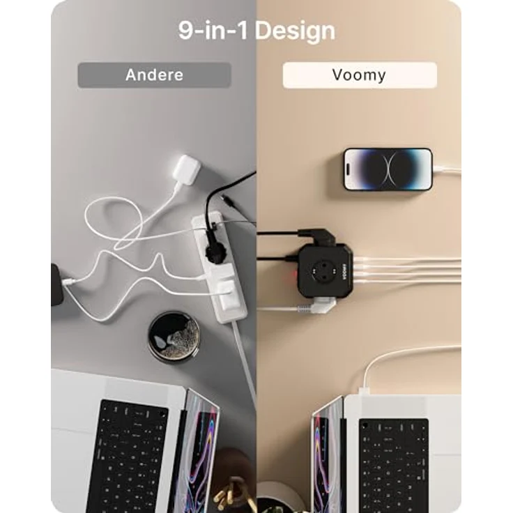 Voomy VOOMY 9-in-1 Steckdosenwürfel mit USB, Steckdosenleiste 5-Fach mit 4 USB, Mehrfachsteckdose mit Schalter, Steckdosenleiste Überspannungsschutz, 2500W Powercube 2M Kabel für Büro, Zuhause, Weiß – Bild 4