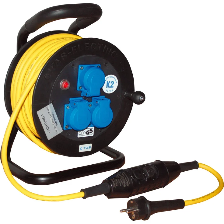 Gifas Electric Kabelrolle Vollgummi-Leitungsroller, 50 m mit 1,5 mm², integrierter FI-Schalter, IP54 Spritzwasserschutz, verzinktes Stahlrohrgestell
