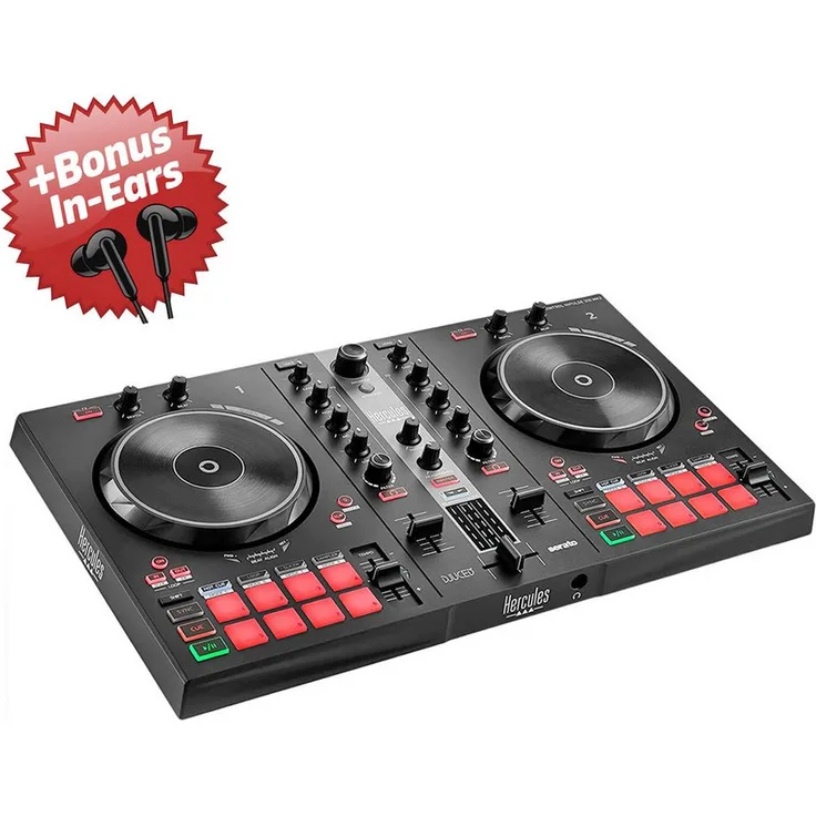HERCULES DJ Controller Inpulse 300 MK2, USB DJ Controller mit 2 Decks, integrierter Soundkarte und Bonus In-Ear Kopfhörern in Coral/Brown, inkl. DJ-Software