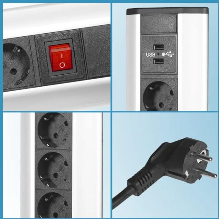 Elbe Inno® Ecksteckdose für die Arbeitsplatte, 3x Steckdosen & 2 USB-Anschlüsse, Aluminium in schwarz-grau Optik mit LED-Netzschalter und Überspannungsschutz – Bild 4