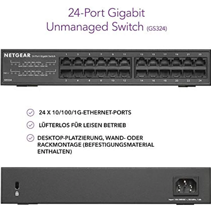 Netgear GS324 Switch 24 Port Switch Gigabit Ethernet (LAN Switch für Desktop- oder Rack-Montage, Plug-and-Play, energieeffizient, lüfterloses Gehäuse für leisen Betrieb) – Bild 3