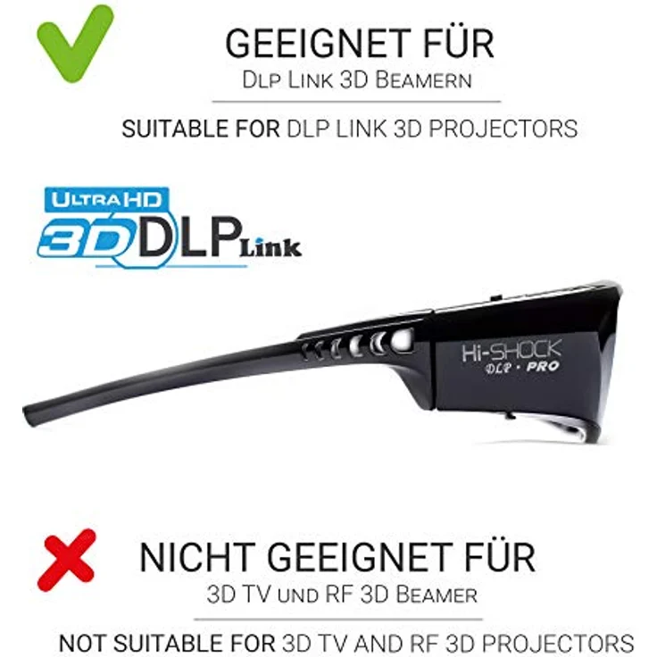 Hi-SHOCK DLP Pro 7G Black Diamond | DLP Link 3D Brille für DLP 3D Beamer | Kompatibel mit Optoma, Acer, NEC, Benq, Vivitec, Viewsonic, LG (Neuste Gen. | Shutterbrille | 96-200 Hz | 39g | Akku) – Bild 2