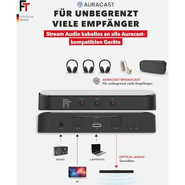 FeinTech BT200 Bluetooth® 5.4 Audio Transmitter, aptX, Auracast, SPDIF-Passthrough, OLED-Display, USB-Audio – Bild 3