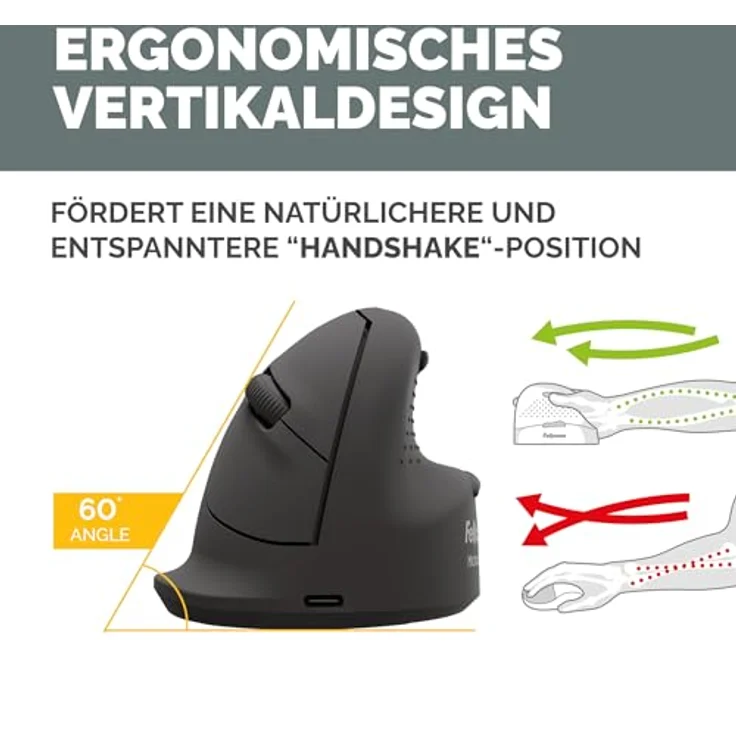 Fellowes Breyta Plus+ Ergonomische Maus, Kabellos und Kabelgebunden, Schwarz, für Rechtshänder – Bild 3