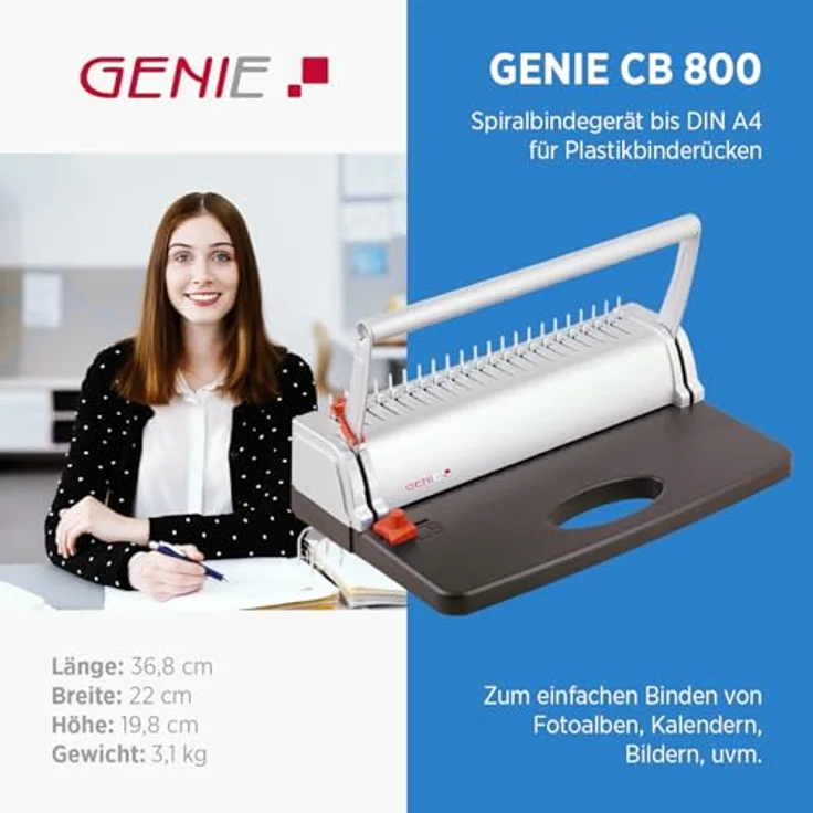 Genie CB 800 Spiralbindegerät (bis 145 Blatt, DIN A4, Inkl. Plastikbinderücken-Set) silber-schwarz – Bild 3