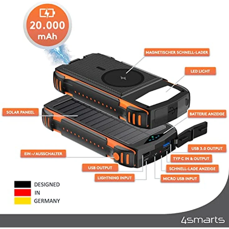 4smarts Powerbank 20000mah [Schwarz Orange] - Solar Powerbank mit Schnellladefunktion für mehrere Geräte gleichzeitig - Wireless Powerbank mit MagSafe & LED Lampe als Travel Essentials - Power Bank – Bild 5
