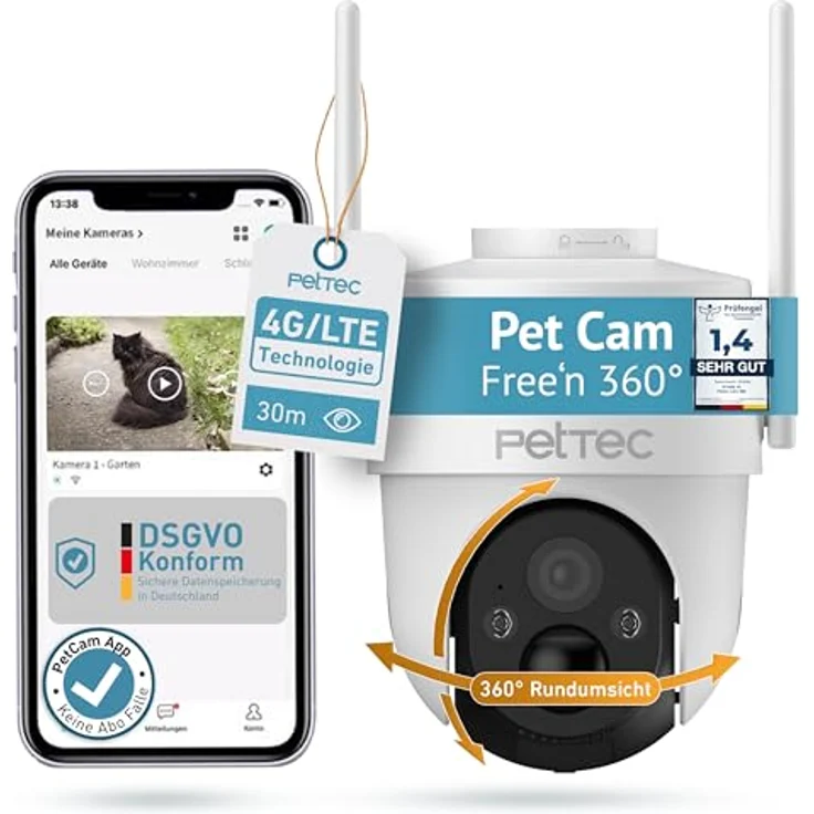 PETTEC PetCam Free'n 360 4G LTE Überwachungskamera - Outdoorkamera 3MP Ultravision, Bewegungserkennung, 20m Nachtsicht IP65 Flutlicht Sirene, Akku & Pan&Tilt Funktion – Bild 1