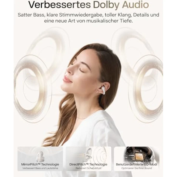 SHOKZ OpenDots 2 Open-Ear Clip-On Earbuds, Dolby Audio mit Deep Bass, 40 Std. Laufzeit, Bluetooth 6.1, IP57 wasserdicht, klare Anrufe mit 3 Mikrofonen, kabelloses Laden, Weiß – Bild 4