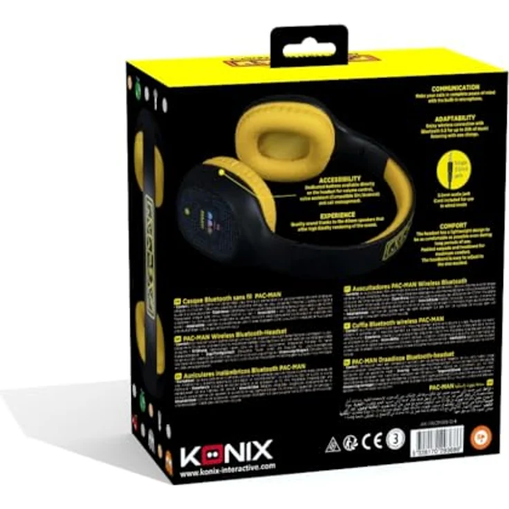 Konix Pac-Man Kabellose Bluetooth 5.3-Kopfhörer – 30 Stunden Akkulaufzeit – 3,5-mm-Klinkenkabel – Schwarz und Gelb – Bild 7