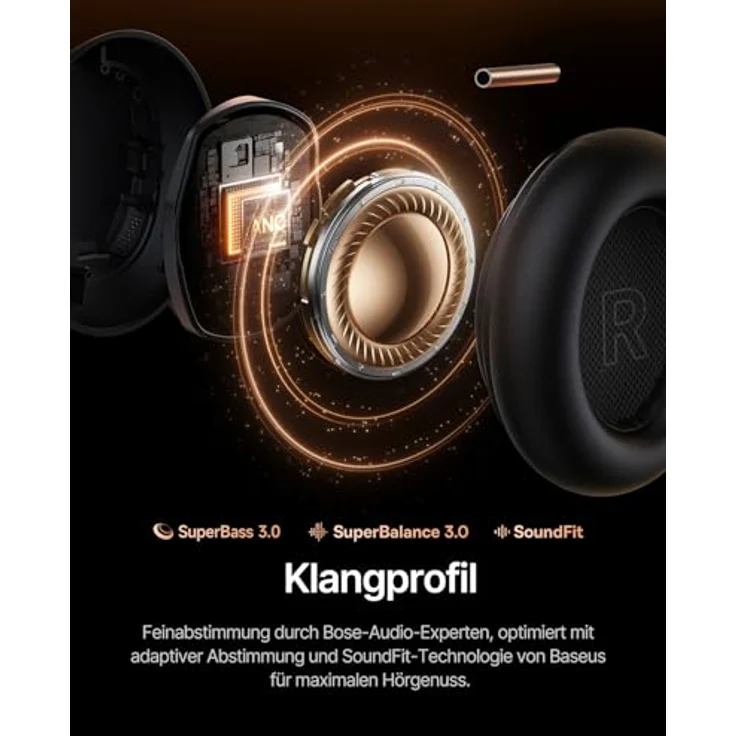 Baseus Inspire XH1, Over-Ear Kopfhörer mit Noise Cancelling -48 dB, Bose Sound, Cloud-Komfort, Dolby Audio, 100 Std. Spielzeit, Bluetooth 6.1, Schwarz – Bild 3