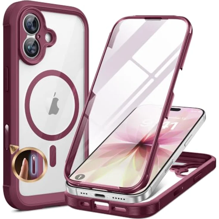 miracase iPhone 17 Hülle 6,3 Zoll, 360° Komplettschutz mit integriertem 9H-Glas-Displayschutz, Burgunderrot – Bild 1