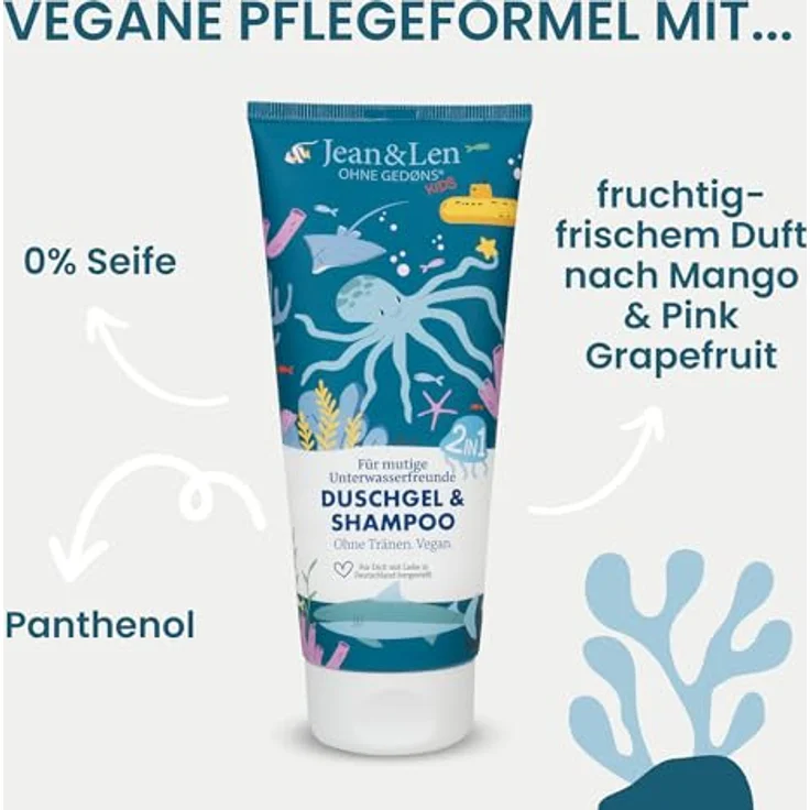 Jean & Len 2in1 Duschgel und Shampoo für muntere Unterwasserfreunde, extra milde Formel, vegan, ohne Parabene und Silikone, 200 ml – Bild 3