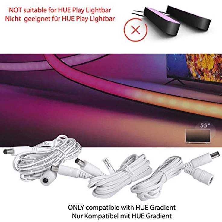 Wicked Chili 3,5m DC-Ersatzkabel kompatibel mit Phillips Hue Play Gradient Lightstrip Surround-Beleuchtung für 55, 65m 75 Zoll Fernseher, Ersatz Stromkabel für Netzteil S020YM2400083, weiß – Bild 8