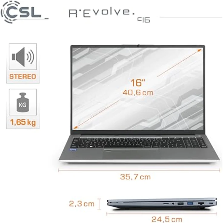 CSL R'Evolve C16, 16 Zoll Slim & Silent Laptop mit Intel Core i5-1235U, 32 GB RAM, 1000 GB SSD, WUXGA IPS Display, Windows 11 Home, USB 3.2, BT 5.2, AX WLAN – Bild 2