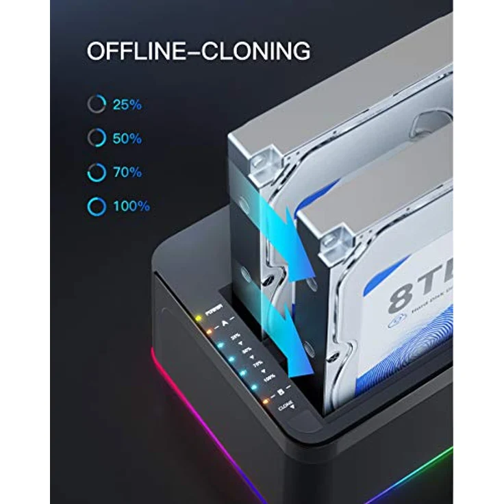 Inateck RGB Festplatten Dockingstation USB 3.0 mit Offline-Klonfunktion, für 2.5 u. 3.5 Zoll SATA HDDs und SSDs, UASP Unterstützt, Schwarz, LED-Effekt – Bild 5