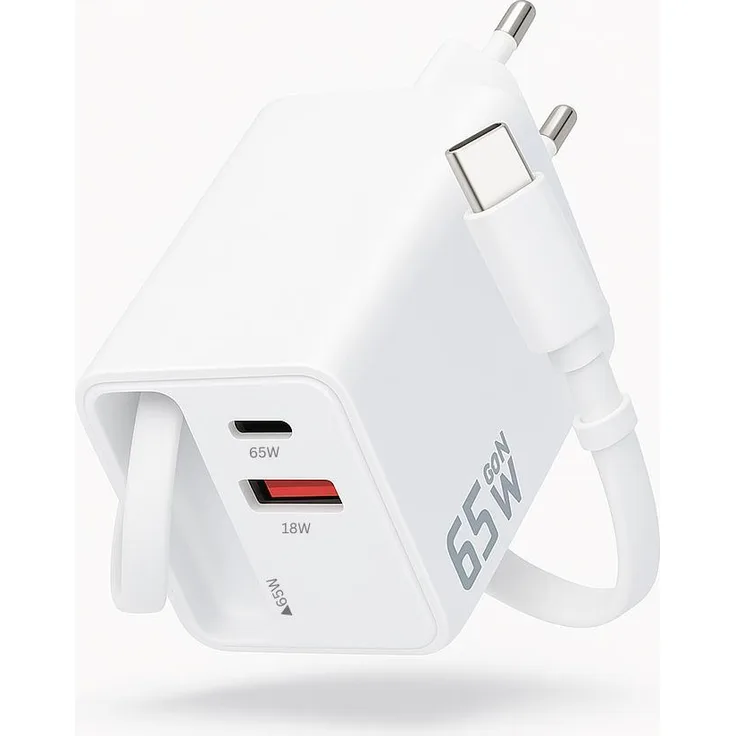 Marco Kuhn Schnellladegerät 65W, Weiß mit integriertem 65 cm USB C Kabel, Ladeadapter mit USB C und USB A Anschluss für MacBook, iPhone, Samsung, Huawei, Xiaomi etc.