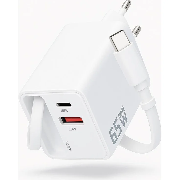 Marco Kuhn Schnellladegerät 65W, Weiß mit integriertem 65 cm USB C Kabel, Ladeadapter mit USB C und USB A Anschluss für MacBook, iPhone, Samsung, Huawei, Xiaomi etc.
