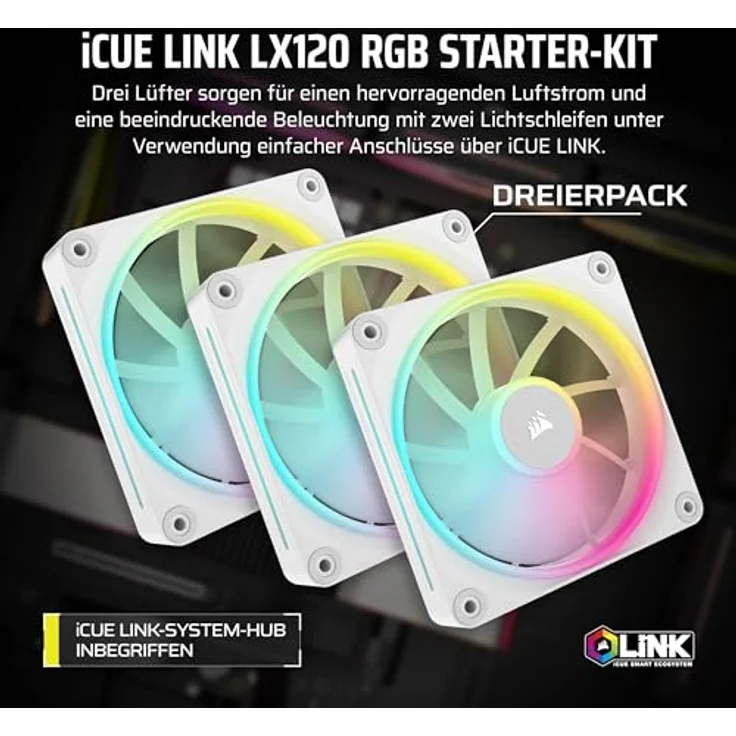 Corsair iCUE LINK LX120 RGB 120mm PWM-Lüfter Dreierpack – Dual Light Loops – Inklusive iCUE LINK System Hub – AirGuide Technologie – Weiß – Bild 2