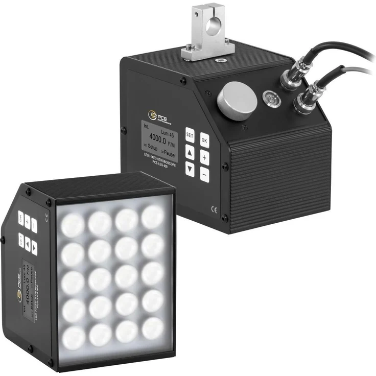 PCE Instruments LED-Stroboskop mit 20 kaltweißen LEDs, robuste Bauweise und externem Trigger-Sensor, IP20 für Innenräume