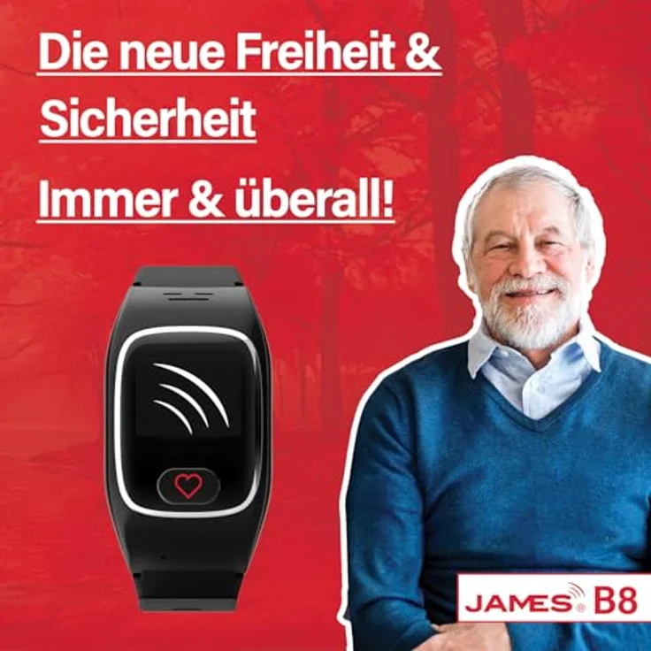James B8 (schwarz) Notruf- und Sicherheitsuhr für Senioren, Sturzerkennung, Notruf-Knopf & GPS-Ortung, Gesundheitsfunktionen, Familien-App + SIM Karte inkludiert, Alarm – Bild 2