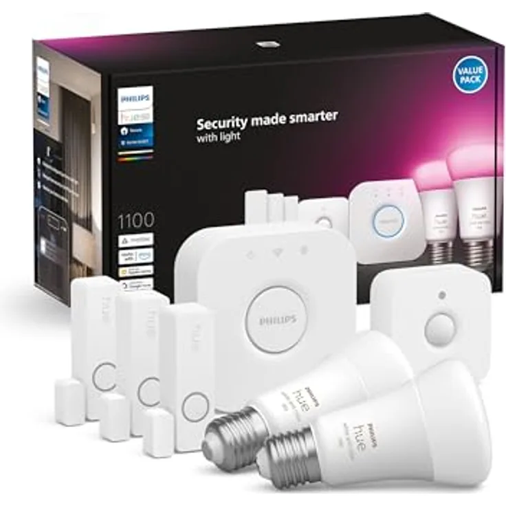 PHILIPS Hue Secure Starter Kit, inkl. 3 Kontaktsensoren & 1 Bewegungssensor in Weiß, 2 smarte LED Lampen (White & Color Ambiance E27) und Bridge