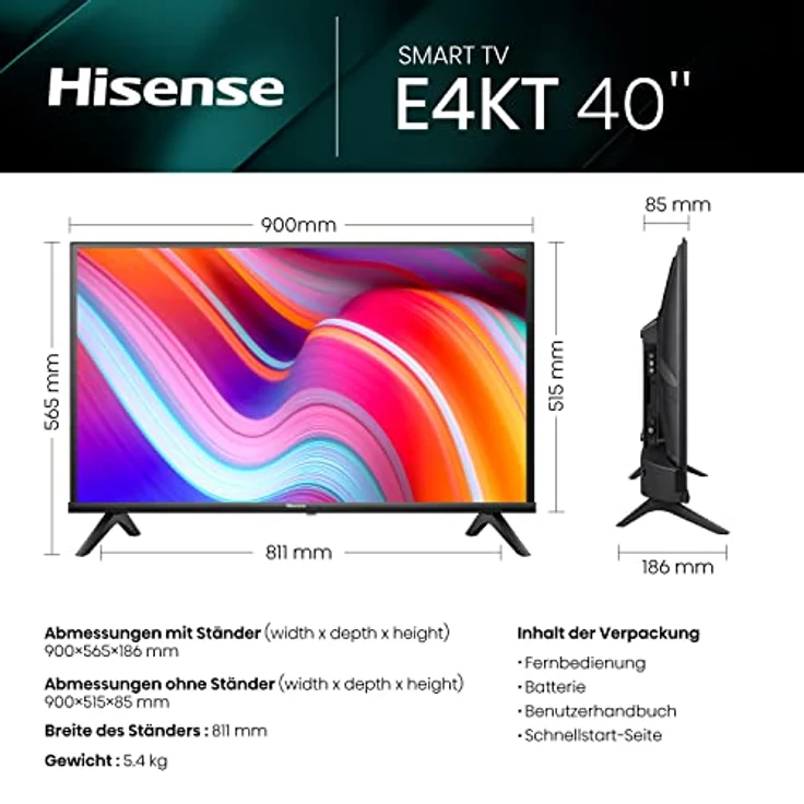 Hisense 40E4KT 101cm (40 Zoll) Fernseher Full HD Smart TV, Triple Tuner DVB-T2 / T/C / S2 / S, Works with Alexa, WiFi, Game Mode, Hotel Mode, Schwarz [2023] – Bild 2