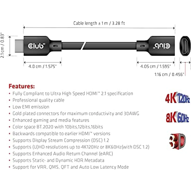 CLUB3D CAC-1322 Ultra High Speed HDMI™ Verlängerungskabel 4K120Hz 8K60Hz 48Gbps St./B. 1 m 30AWG – Bild 5