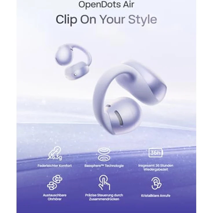 SHOKZ OpenDots Air, Open-Ear-Kopfhörer mit Clip-on, 36 Std. Wiedergabe, Bluetooth 6.1, IP55, Tiefes Bass, Morgenlila – Bild 2