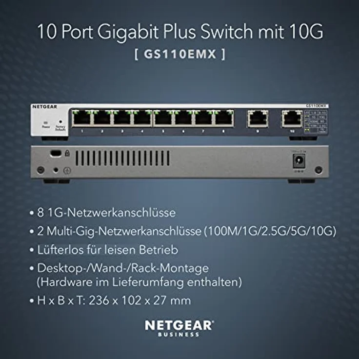 Netgear GS110EMX 10-Port Gigabit-10G Ethernet LAN Switch Smart Managed Plus (mit 2x 10G-Multi-Gig, Desktop- oder Rack-Montage mit ProSAFE Lifetime-) schwarz, grau – Bild 2