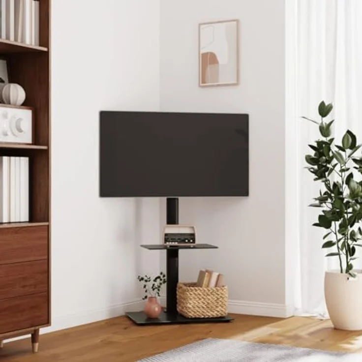 vidaXL TV Eckständer mit 2 Ablage, Fernsehständer mit Schwenkfunktion, Schwarz Stahl Glas – Bild 2