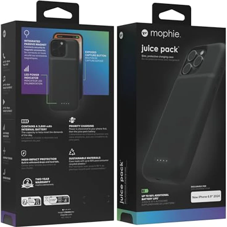 mophie Juice Pack TPU Back Cover Schwarz für Apple iPhone 16 Pro Max, Smartphone Hülle mit zusätzlichem Akku und Fallschutz, Schwarz – Bild 4