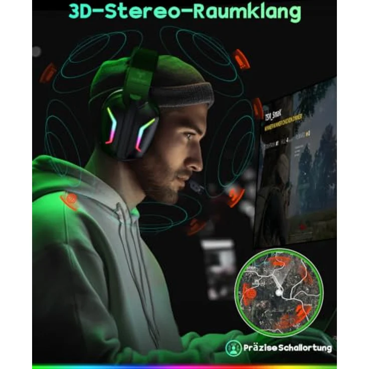 WESEARY Gaming Headset Wireless mit Mikrofon, 60 Stunden Akkulaufzeit, RGB-Beleuchtung, kompatibel mit PS5, PS4, PC, Switch und Handy – Bild 2