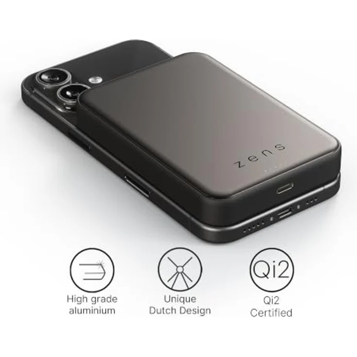 Zens Slim Qi2 Al Powerbank 10.000 mAh, 15 W, Aluminium Design, Schwarz – Bild 2